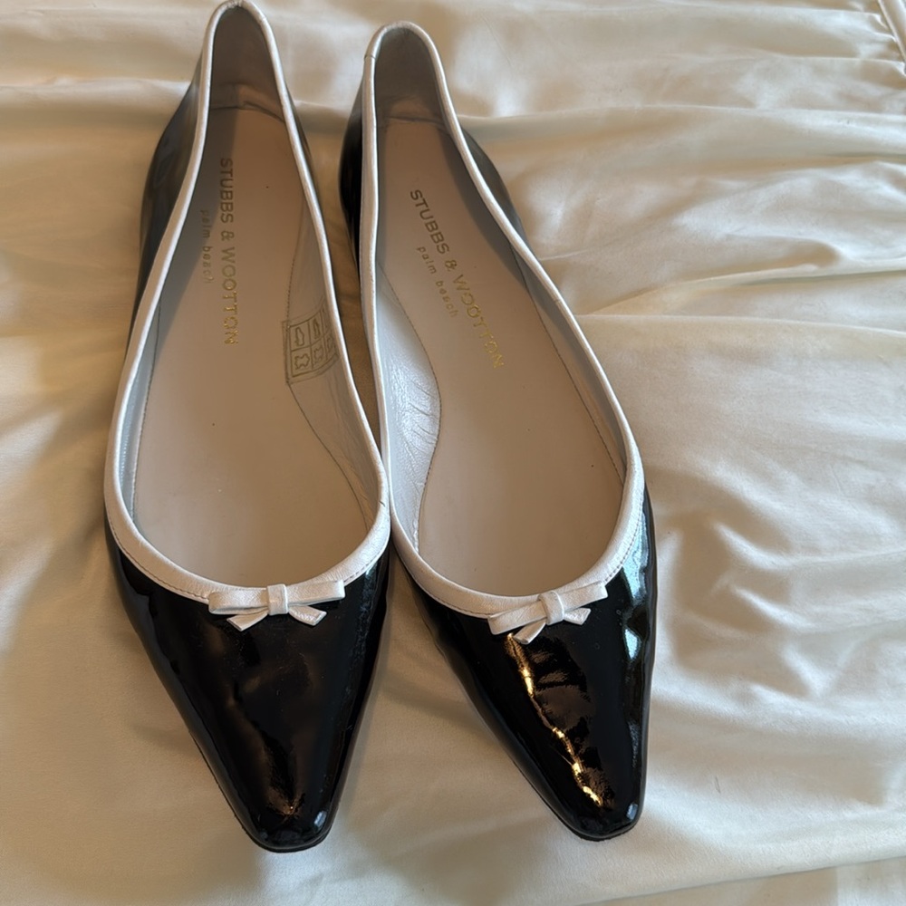 Stubbs & Wootton Black and White Flats with Elegant Trim - Picture 6 of 11
